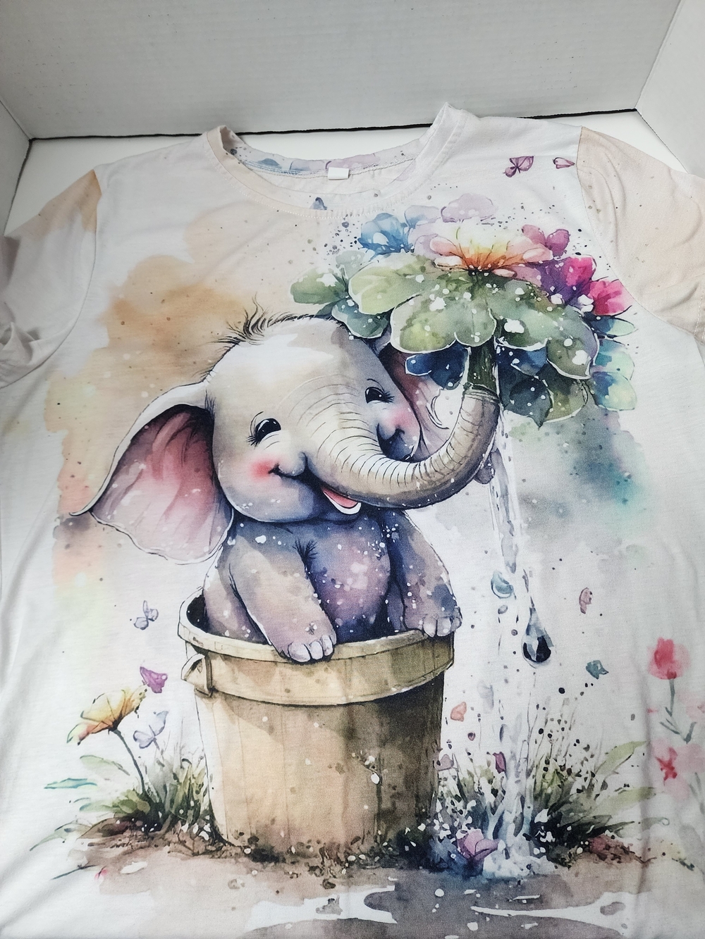 Women's White Elephant Print Tee - Cute Floral Watercolor Top